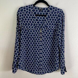 Express Womens Smal Blue White Geometric Blouse Roll‎ Tab Sleeve Shirt